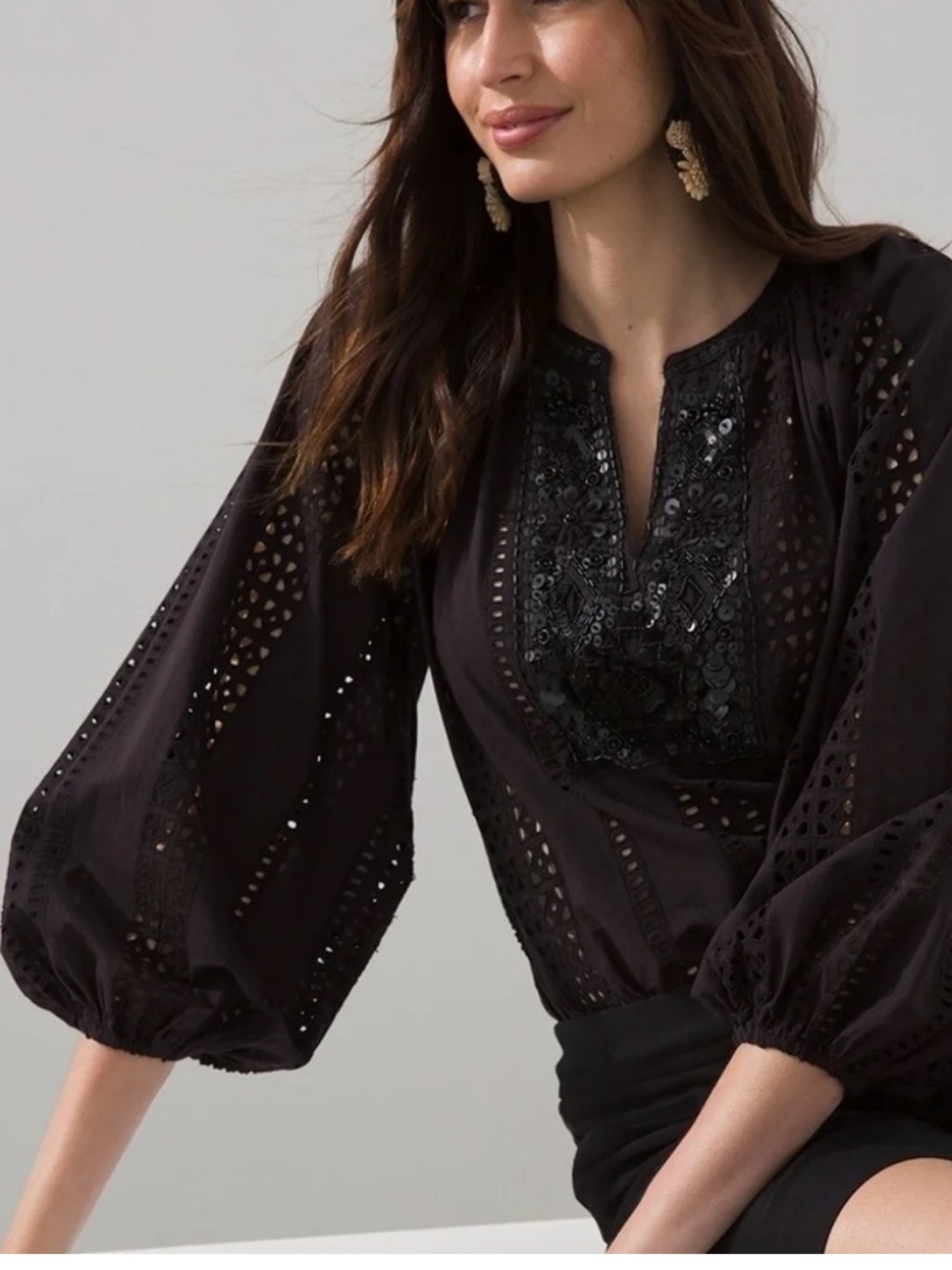 Chico’s Black Eyelet Embellished 3/4 Sleeve Top, Size 20, NWT